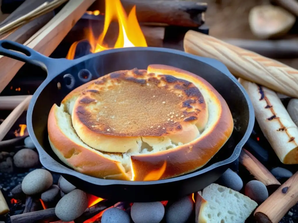 Fogata rústica con pan de campo recién horneado - Receta pan de campo camping