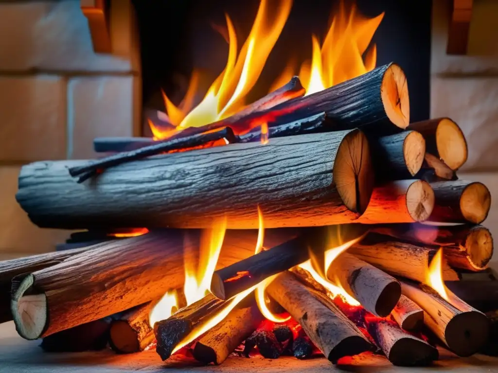 Una hermosa chimenea de piedra con fuego crepitante rodeada de leños de diferentes tamaños