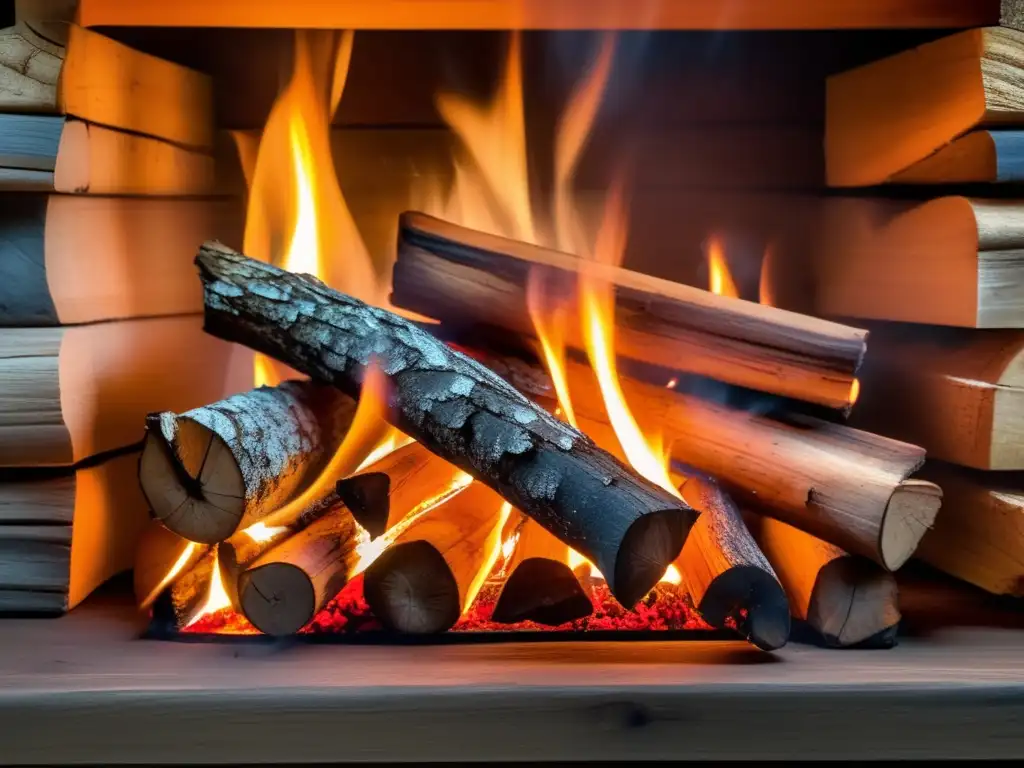 Preparación alimentos fuego leña principiantes - Imagen cautivadora de una hoguera crepitante en una chimenea rústica de piedra