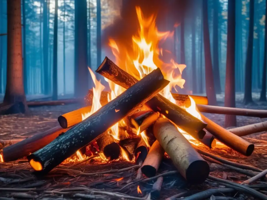 Simbolismo y uso espiritual del fuego en bosque oscuro, danzando llamas crean mágica atmósfera de poder y sabiduría ancestral