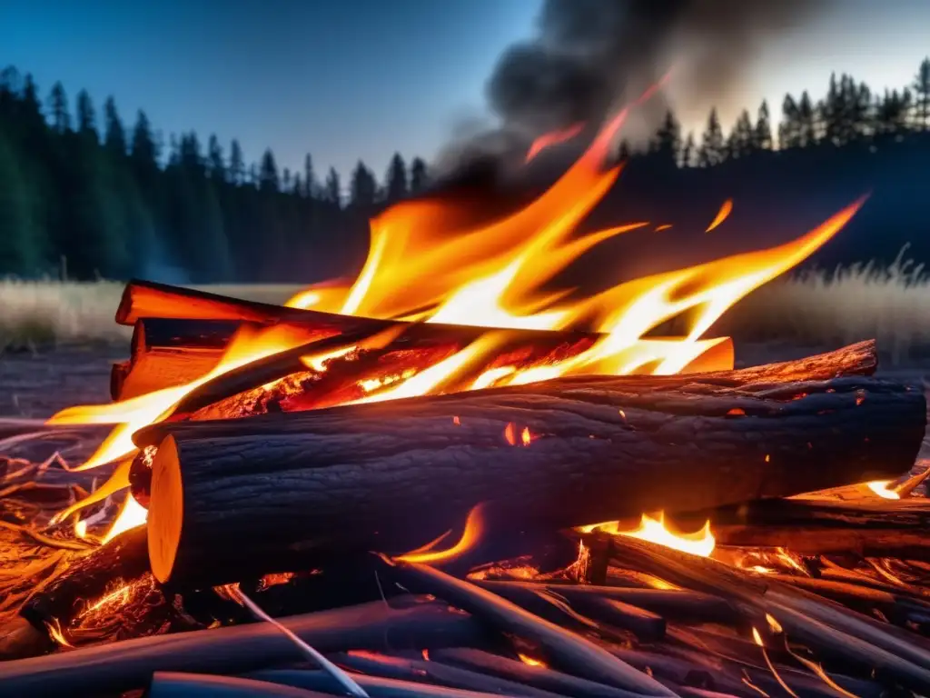 Técnicas para capturar fuego en la noche: imagen 8k detallada muestra la esencia de una fogata, con llamas vibrantes y un paisaje iluminado