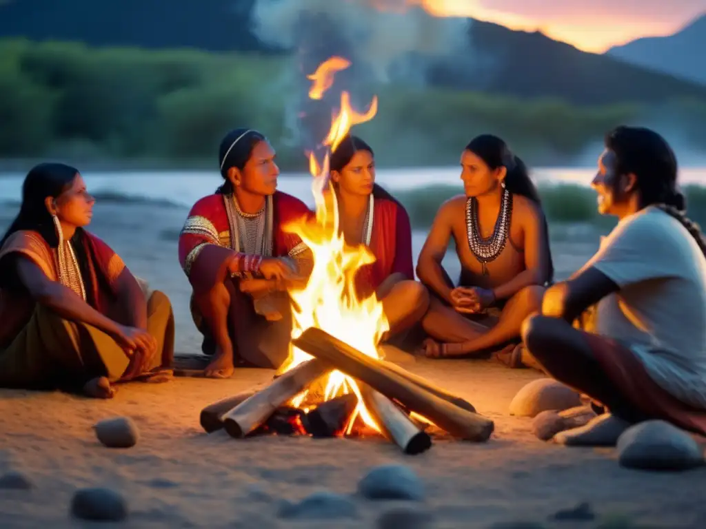 Indígenas en ceremonia del fuego sagrado, conectando con la energía de la naturaleza - Prácticas indígenas energía revitalizar camping