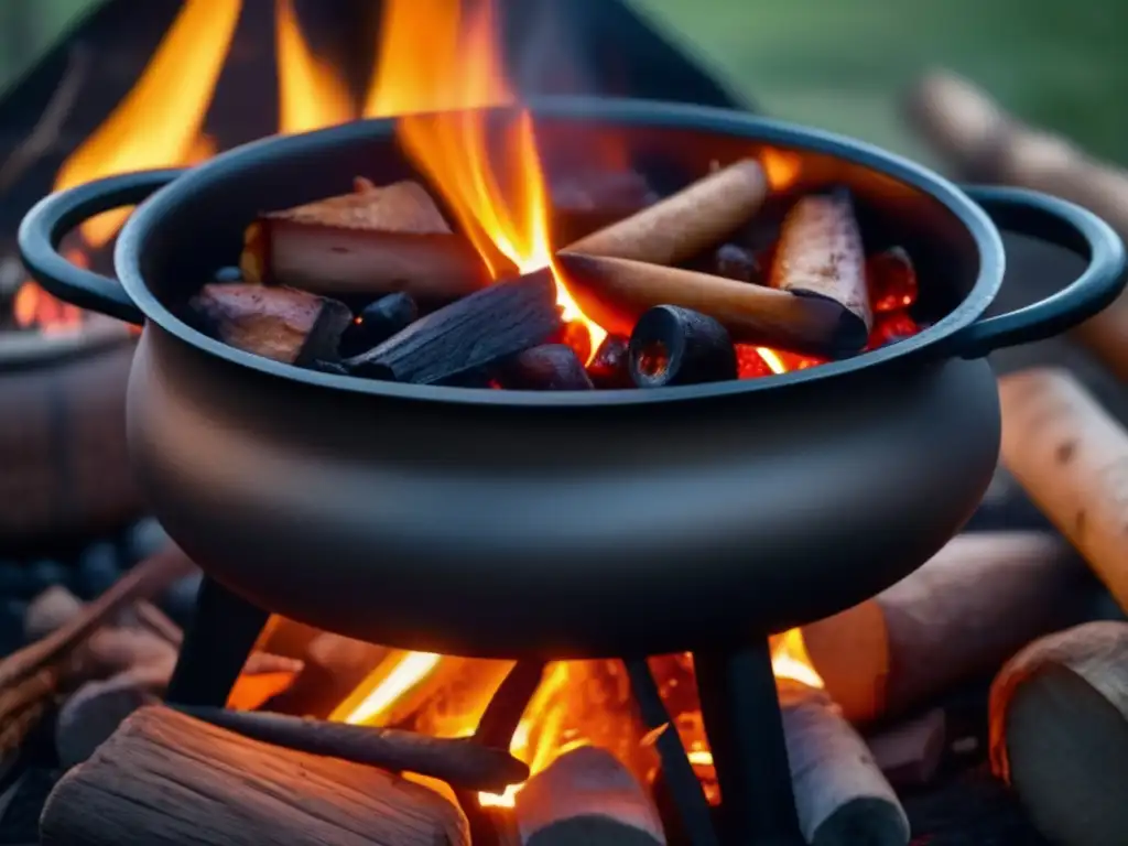 Preparación de alimentos tradicionales en olla de hierro para acampadas: un cálido y sabroso guiso burbujeante en el fuego, con aroma irresistible