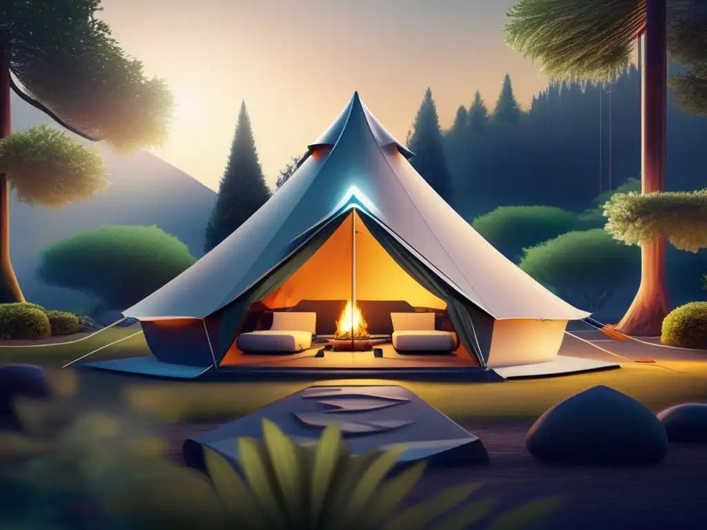 Tendencias equipamiento camping futuro: Imagen detallada de un campamento futurista en un entorno natural