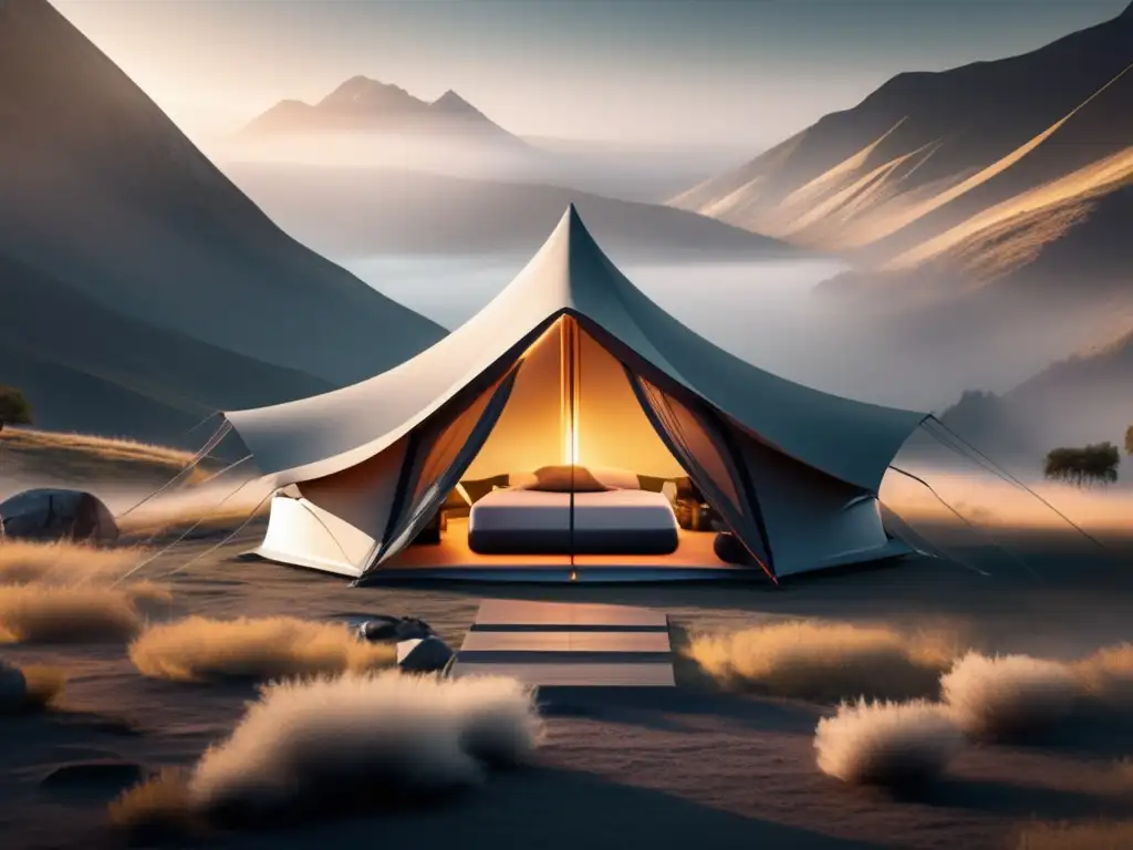 Tendencias equipamiento camping futuro: Imagen 8k de un campamento futurista con tecnología avanzada y paisaje natural