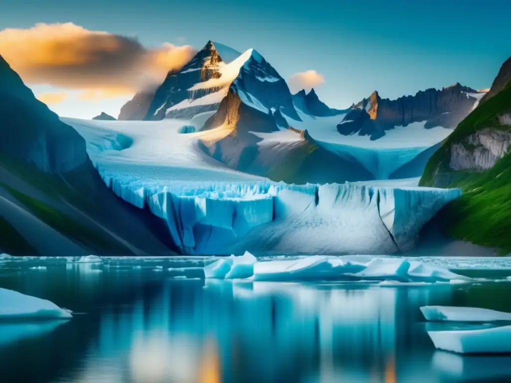 Espectacular imagen 8K de un majestuoso glaciar con montañas, bosques y la espiritualidad del senderismo glaciar