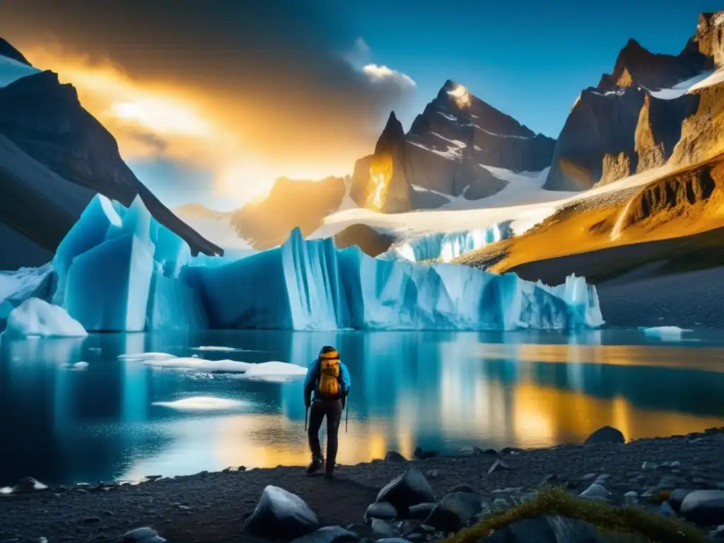 Majestuoso glaciar, hiker contempla espiritualidad del senderismo glaciar