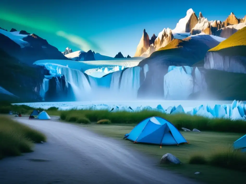 Guía de camping en Parque Nacional de los Glaciares: Majestuoso glaciar Perito Moreno en Argentina, rodeado de montañas y acogedor campamento bajo el cielo estrellado