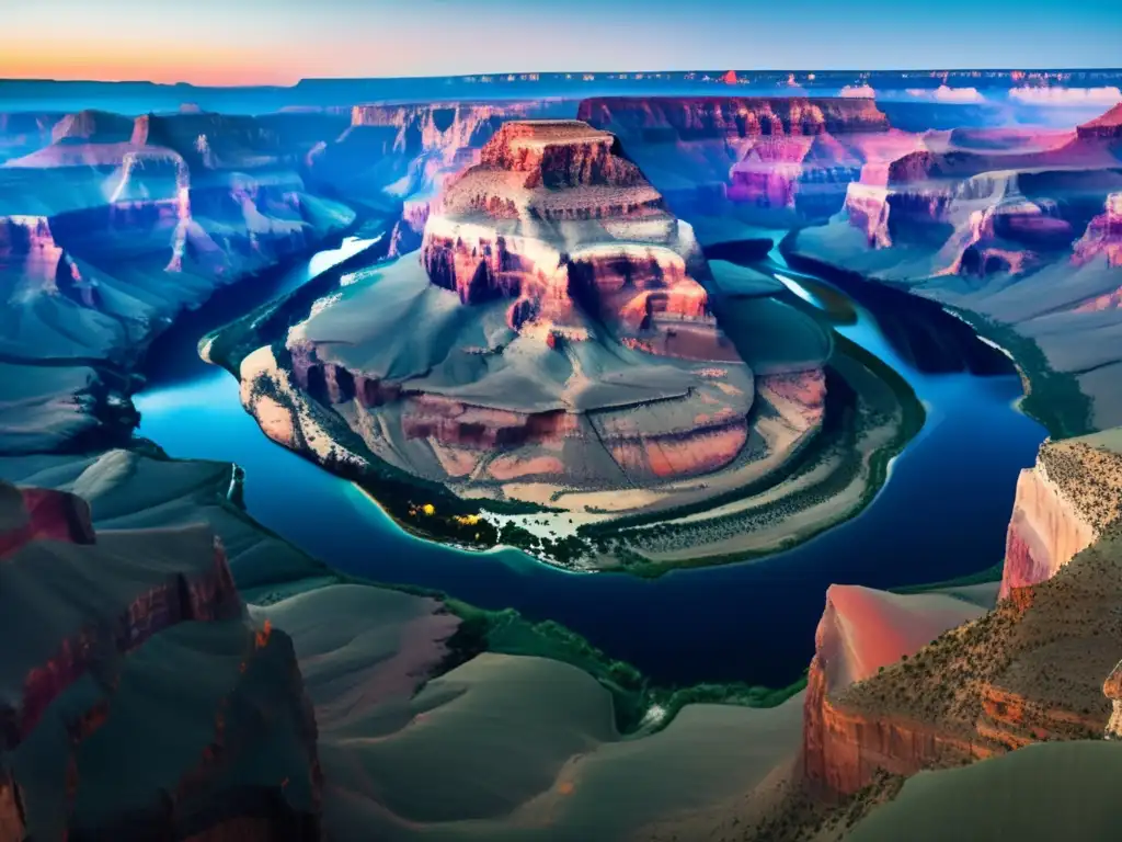 Impacto turismo Grand Canyon al atardecer: camino serpenteante, colores vibrantes, cielo estrellado