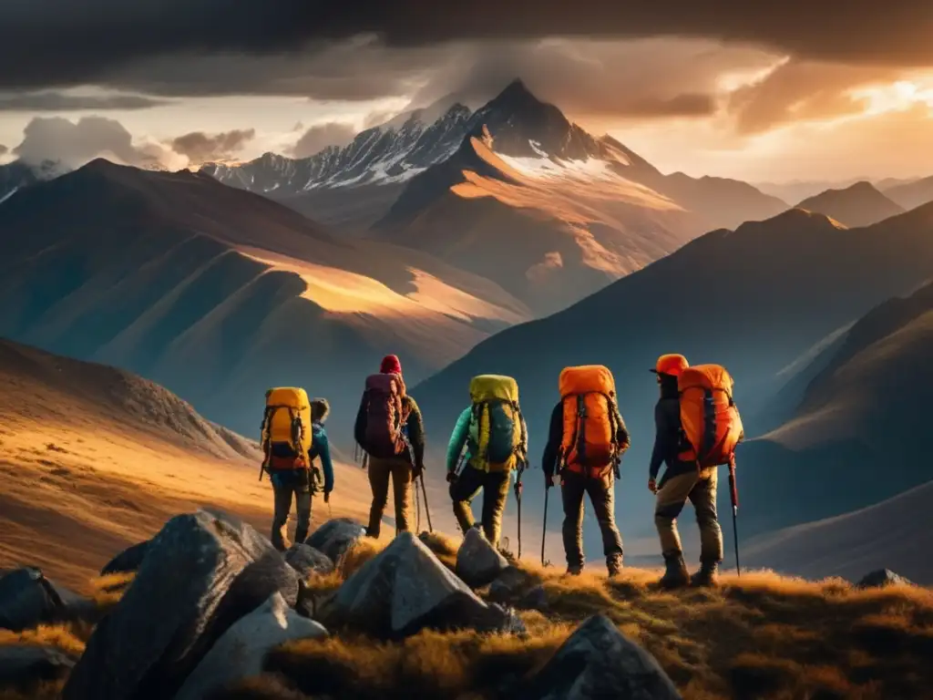 Equipo de acampada resistente al tiempo en majestuosa montaña con aventureros rodeados de elementos y mirando hacia la vasta naturaleza