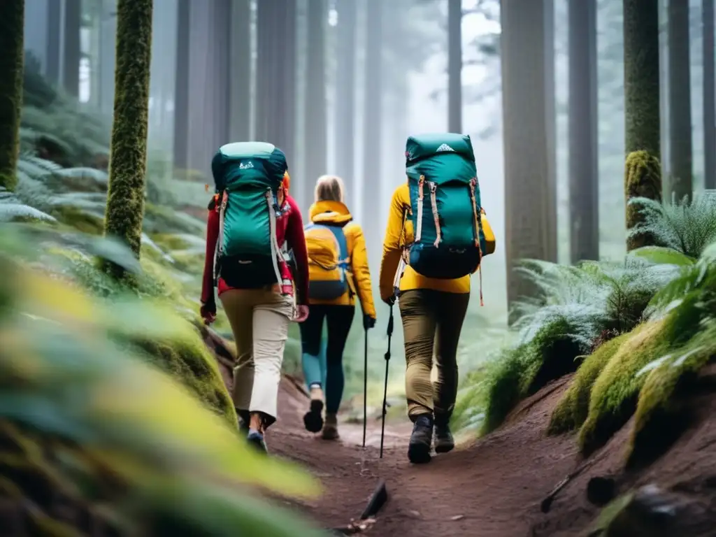 Indumentaria camping y senderismo tendencias: grupo de hikers en bosque, con ropa innovadora y de calidad de Marcas A, B y C