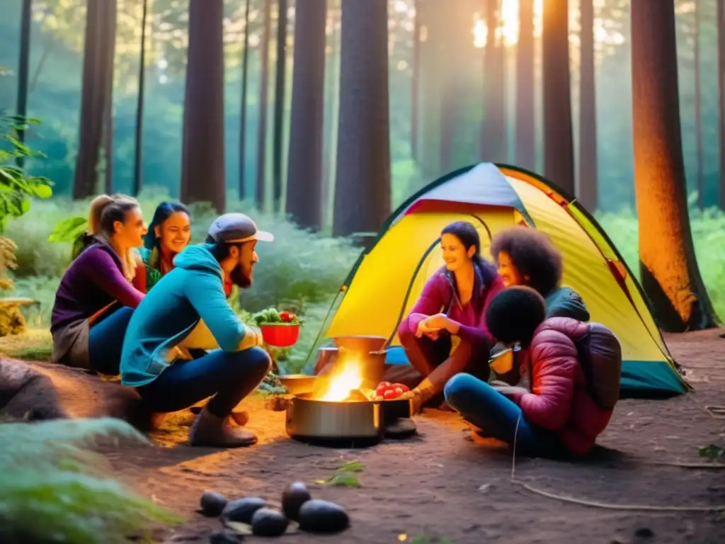 Grupo de excursionistas en un campamento con comida sin fuego