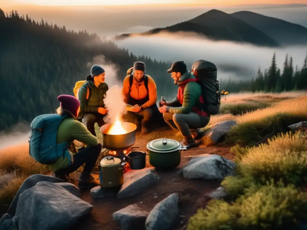 Hikers en montaña con estufa y comida de senderismo