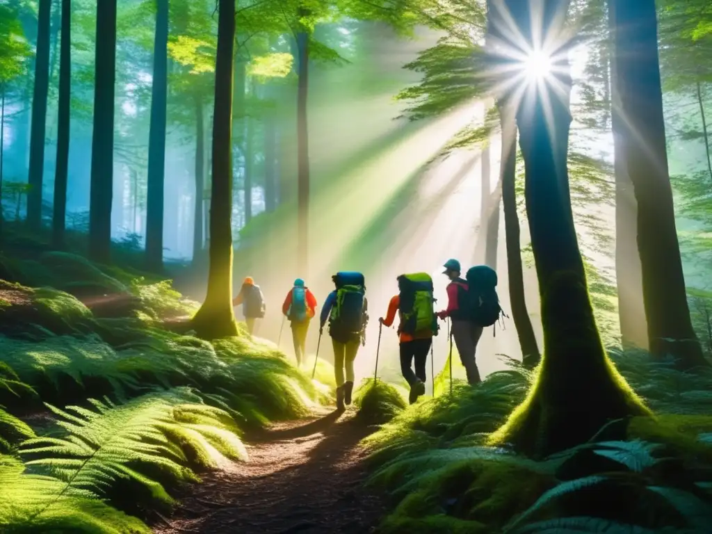 Grupo de excursionistas explorando un denso bosque, con siluetas visibles contra un fondo de follaje verde vibrante