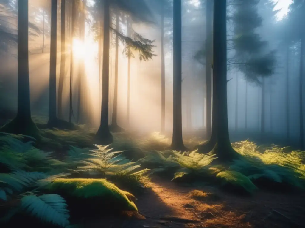 Importancia guías turísticos en conservación - Fotografía 8k de un denso bosque al atardecer con turistas y guía con linterna