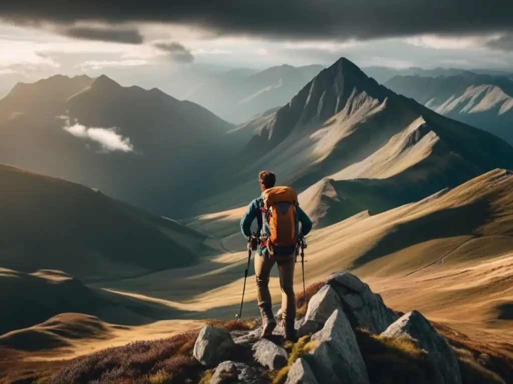 Hiker en pico montañoso rodeado de paisaje panorámico - Técnicas de orientación en senderismo de montaña