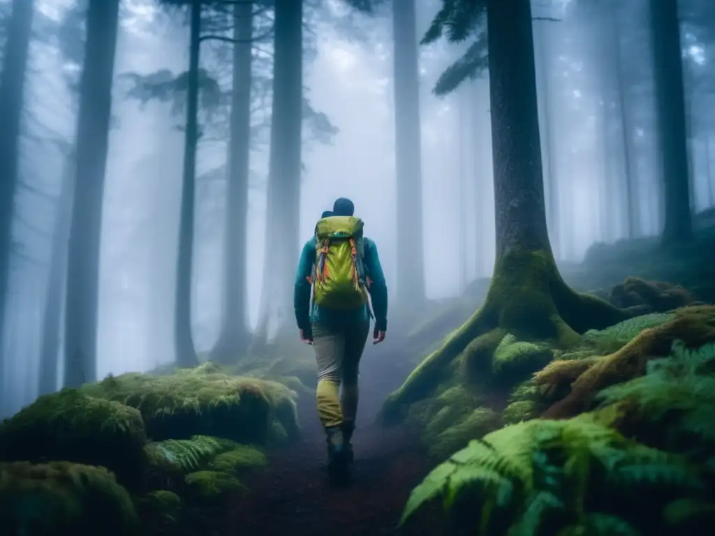 Hiker en bosque denso de niebla: Estrategias senderismo niebla