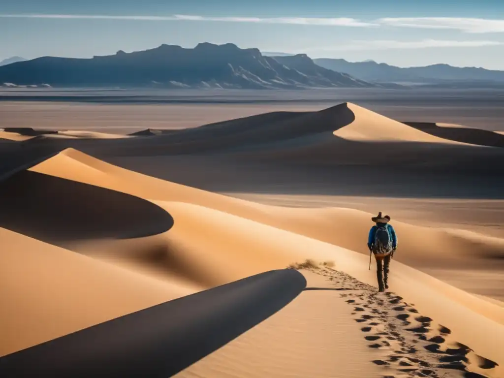 Senderismo en desierto: Hiker en paisaje vasto y solitario, con ropa ligera, sombrero ancho y mochila