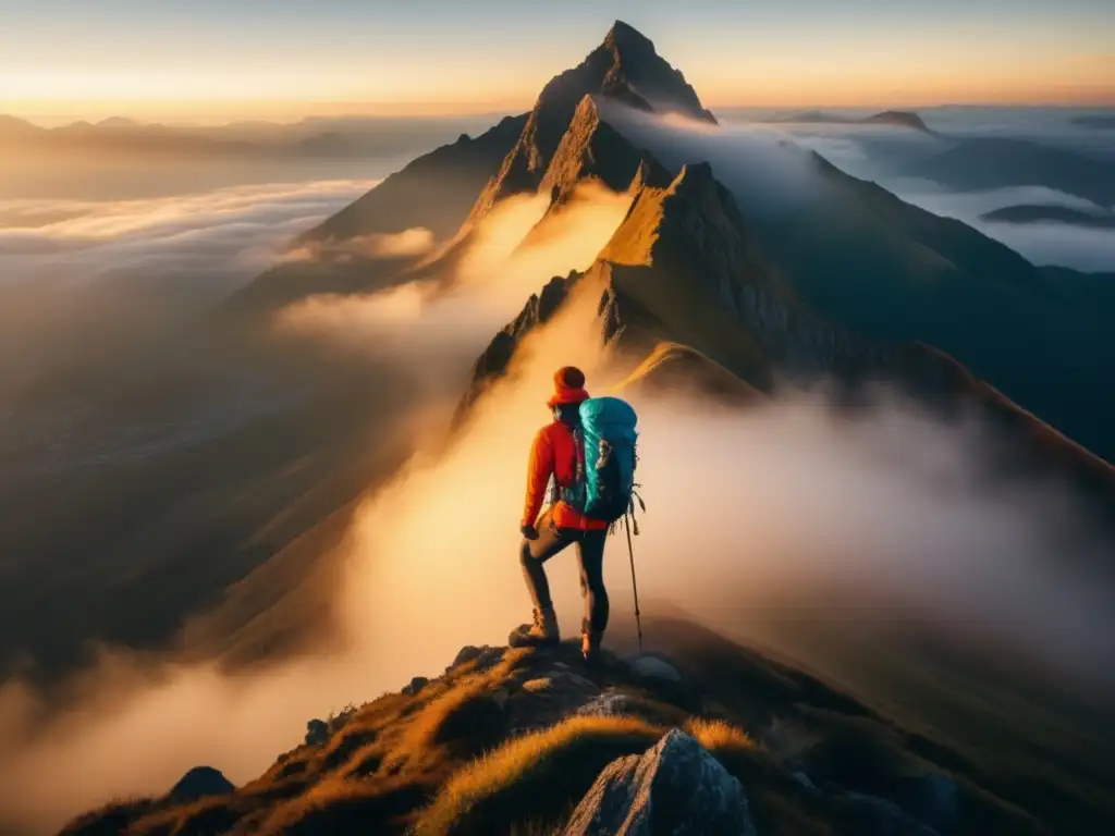 Hiker en montaña nebulosa