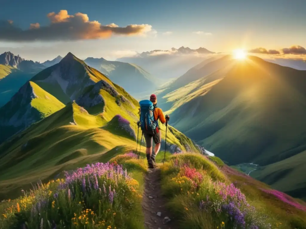 Hiker en la cima de una montaña con paisaje panorámico, equipamiento senderismo calidad; aventura y belleza épica