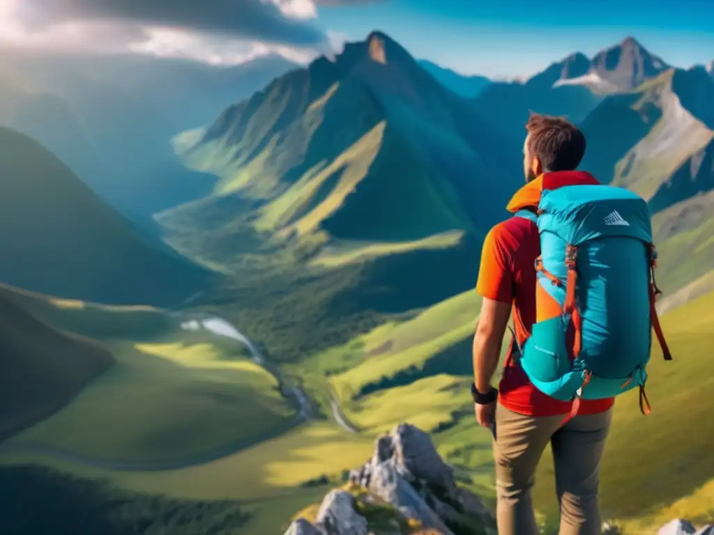 Hiker en montaña con ropa adecuada senderismo, vista panorámica del valle (110 caracteres)