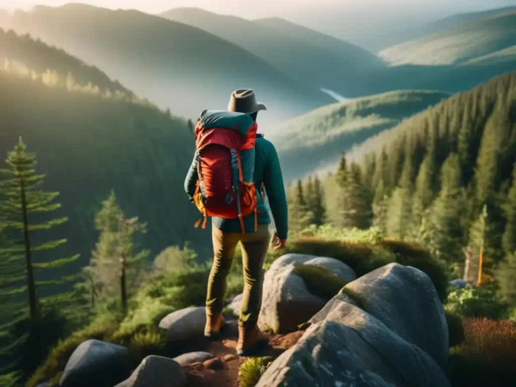 Hiker en montaña, rodeado de bosque, con indumentaria apropiada