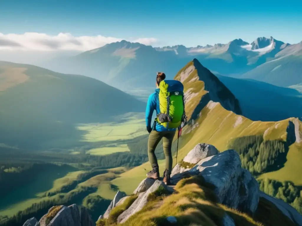 Hiker en acantilado con paisaje montañoso, accesorios senderismo calidadprecio