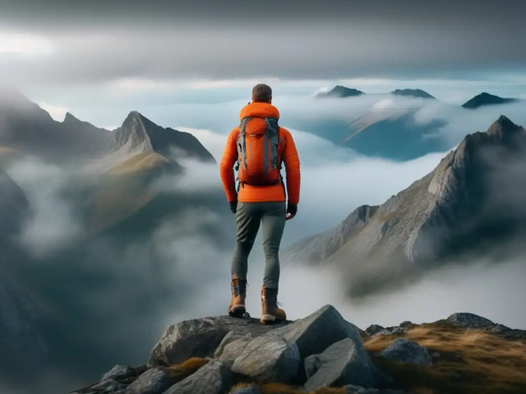 Hiker en montaña neblinosa, equipado con indumentaria senderismo moderna