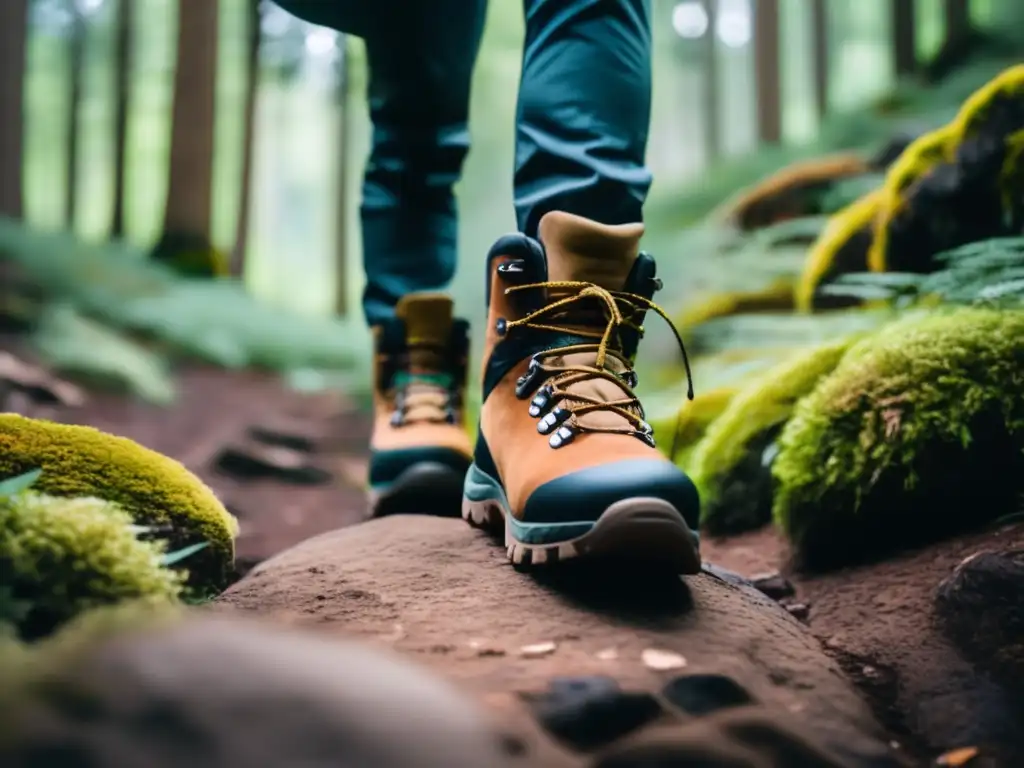 Hiker con calzado adecuado en sendero rocoso rodeado de bosque denso