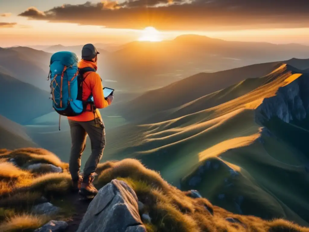 Senderismo con GPS: Hiker en montaña con GPS