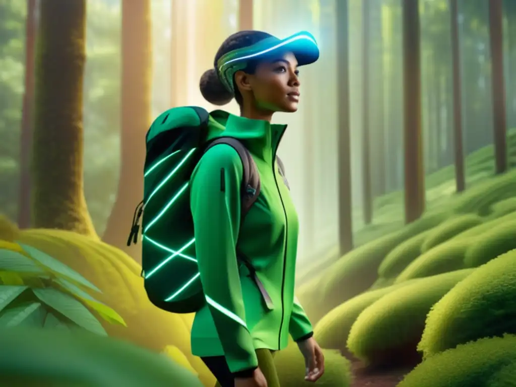 Tecnología en ropa de senderismo: Hiker futurista en bosque vibrante, con atuendo tecnológico ecofriendly y AR en visor