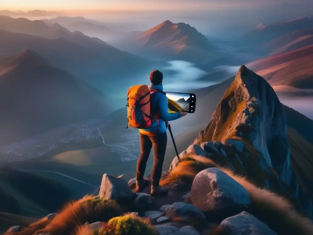 Hiker en acantilado al atardecer con GPS: Ventajas del senderismo con GPS