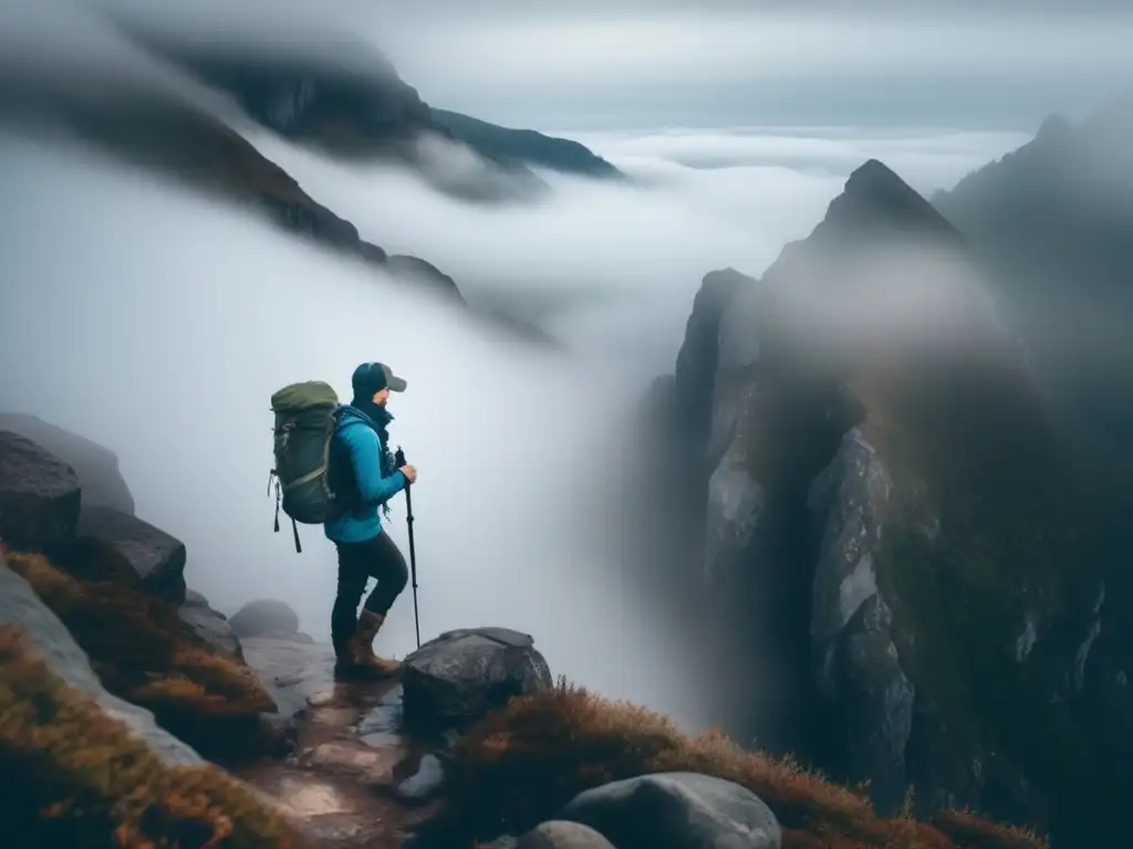 Hiker estrategias senderismo niebla, misterio y equipo adecuado en acantilado rocoso rodeado de densa niebla