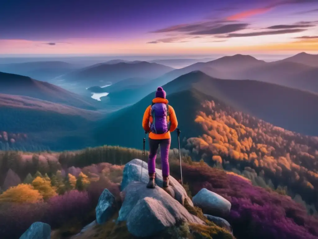 Hiker en pico rocoso al atardecer con mapa y brújula