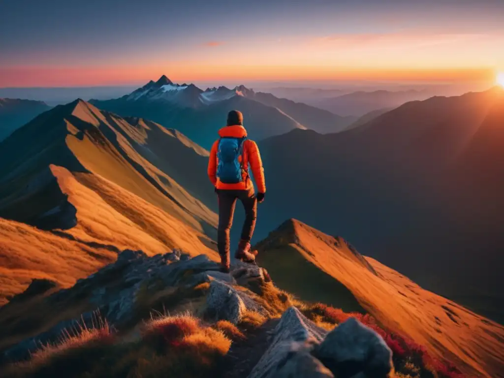 Hiker en montaña al atardecer, resalta beneficios de nuevos tejidos de senderismo