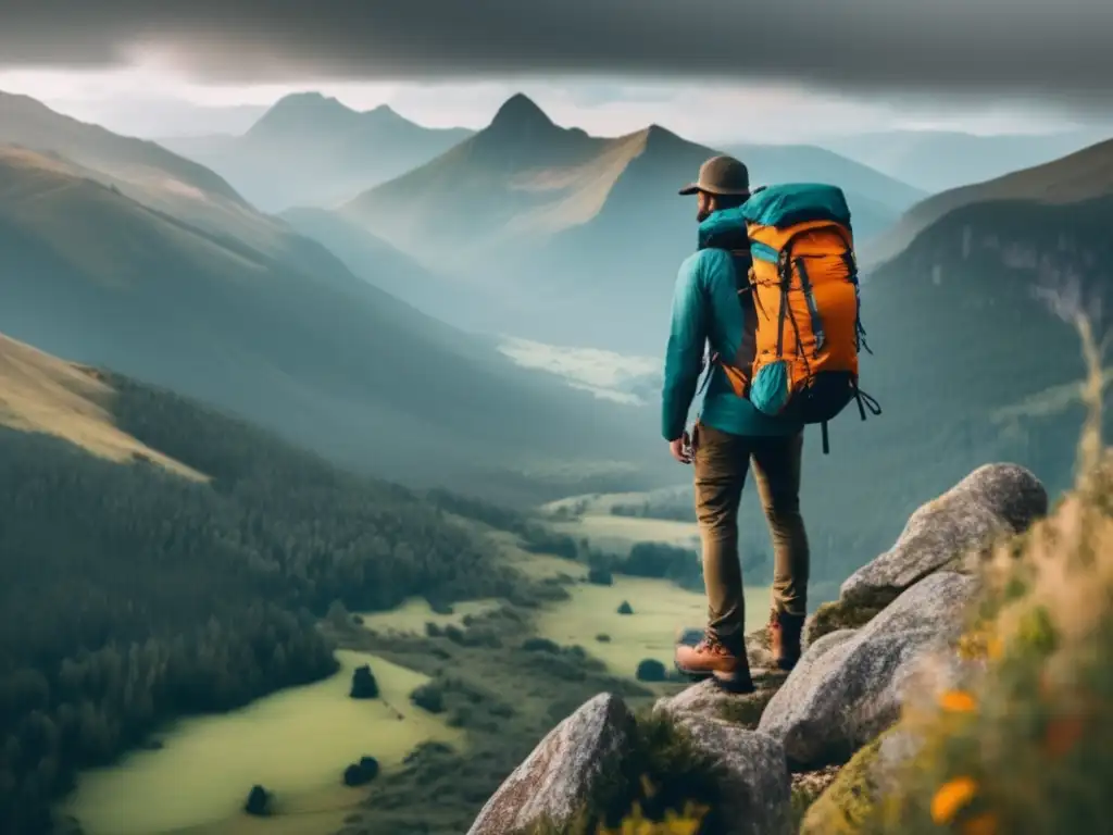 Hiker en acantilado contempla majestuosa cordillera