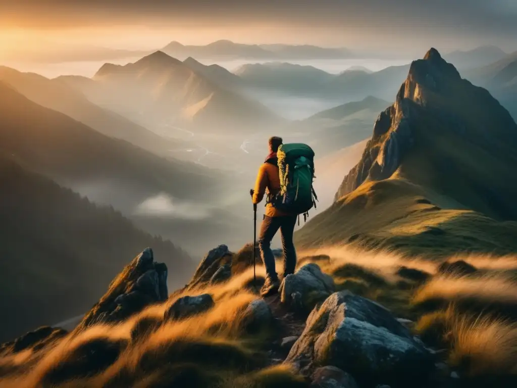 Hiker en montaña al atardecer rodeado de niebla y misterio