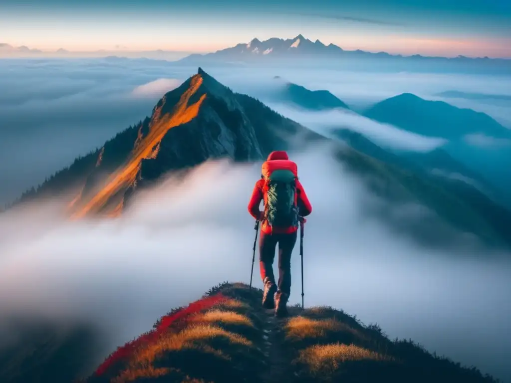 Hiker en la niebla con accesorios imprescindibles para senderismo en la montaña