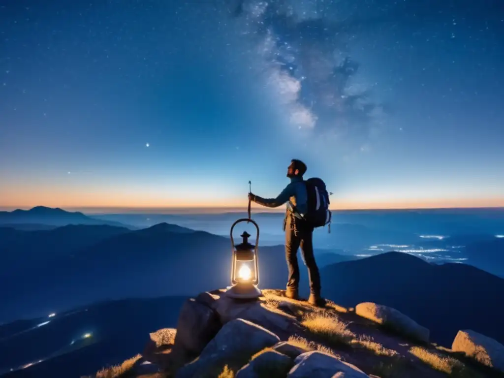 Beneficios de navegación con reloj en senderismo: Hiker en montaña nocturna con brújula y linterna, cielo estrellado, galaxia, misterio y aventura