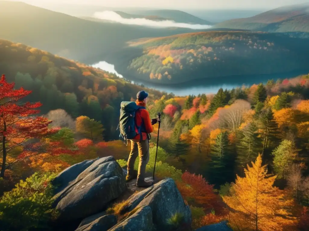 Hiker en acantilado con equipamiento senderismo ideal, bosque misterioso, colores otoñales y montañas imponentes