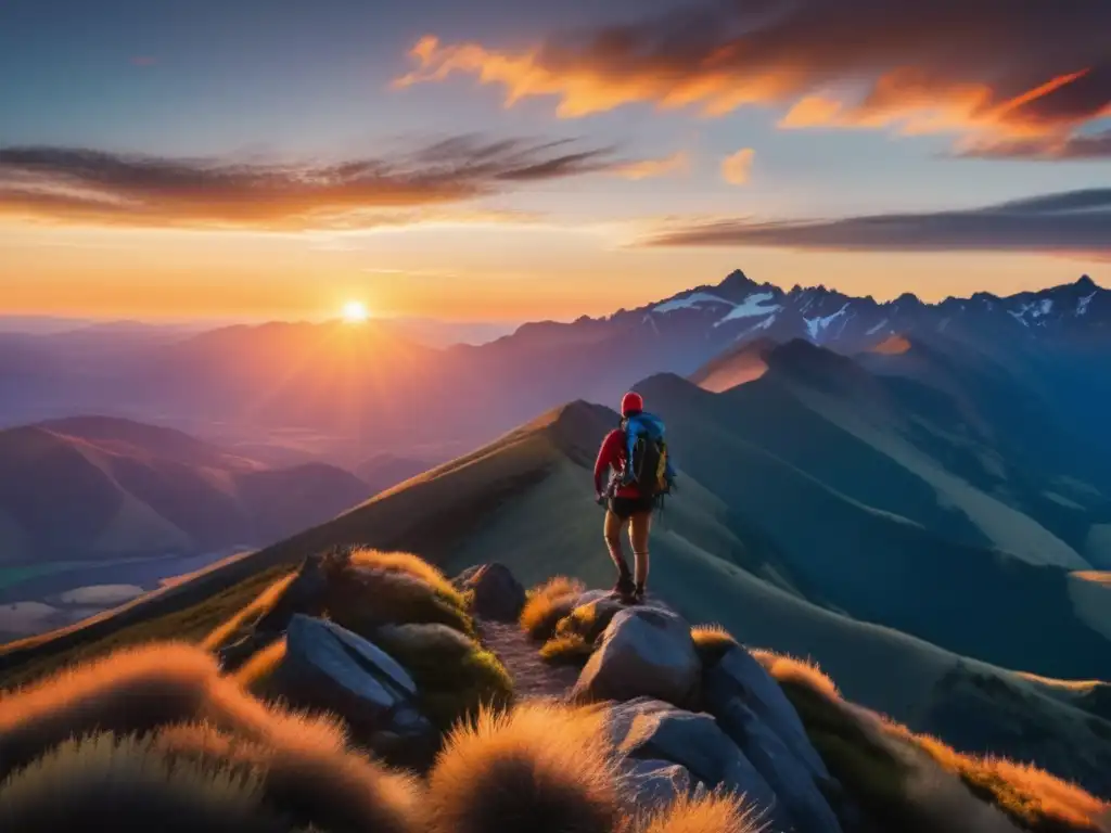 Un hiker en la cumbre de una montaña, rodeado de un paisaje majestuoso y vestido con ropa adecuada senderismo