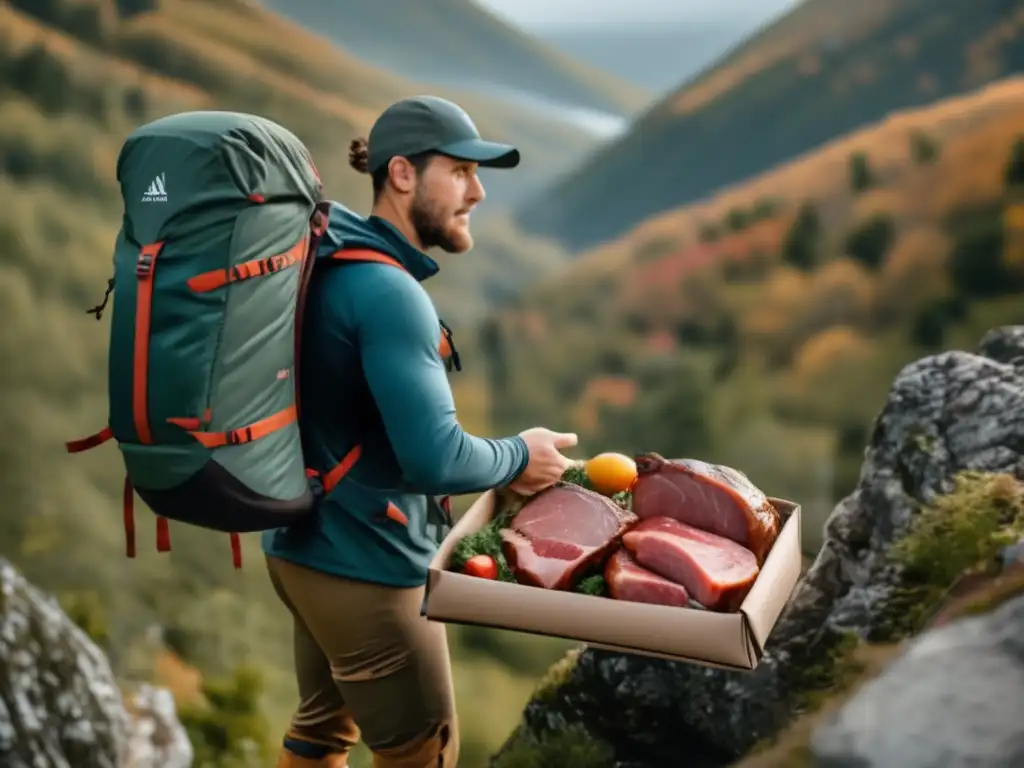 Hiker en un acantilado rodeado de bosque con paquete de carne fresca y técnicas de conservación