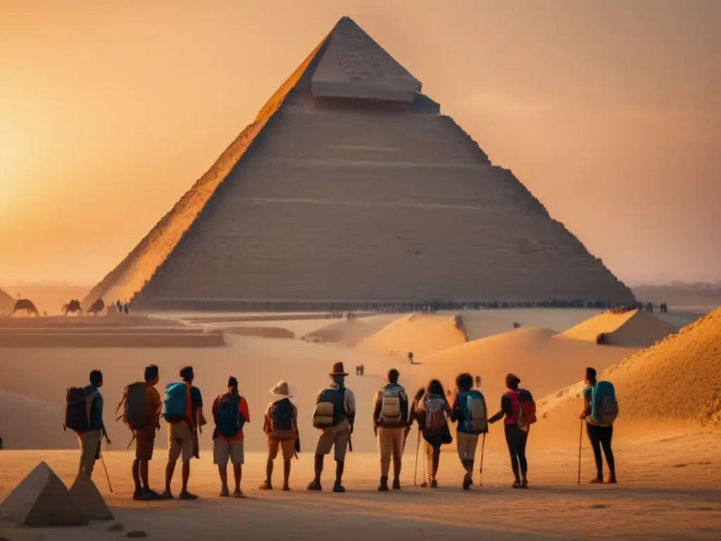 Senderismo místico en pirámides egipcias: Grupo de excursionistas admirando la Gran Pirámide de Giza al atardecer, rodeada de un aura misteriosa