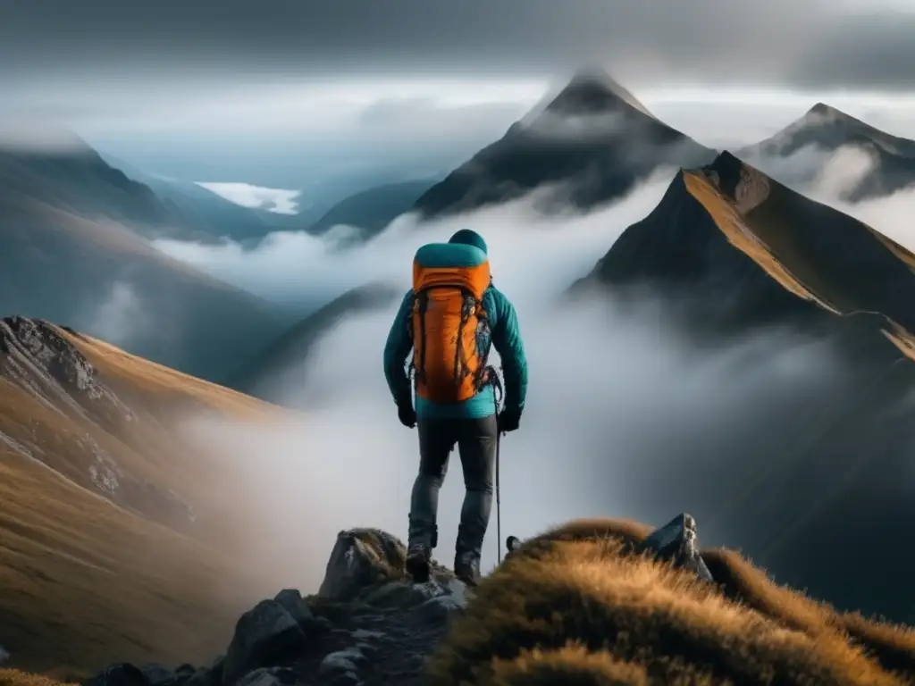 Tecnología en ropa de senderismo, hiker en cima nebulosa con detalles avanzados de prendas y botas de montaña