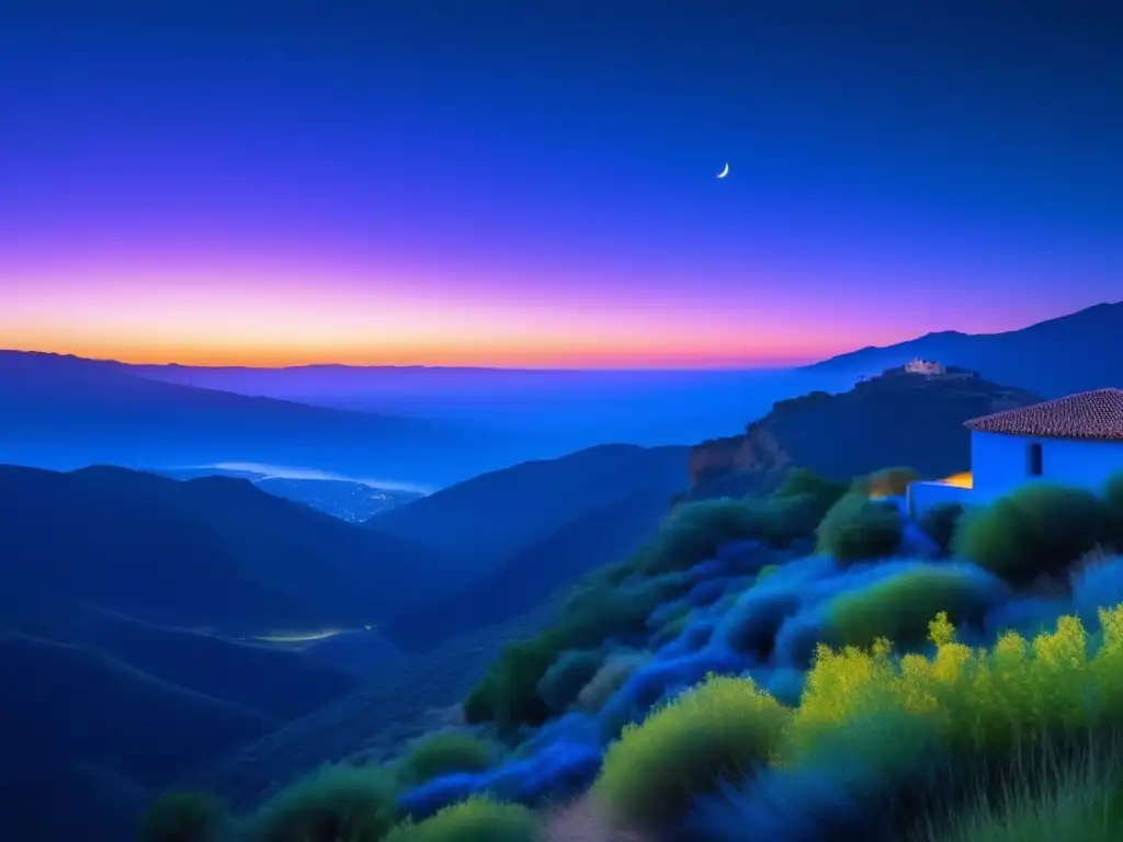 Fotografía nocturna en la hora azul: Paisaje mágico con fotógrafo capturando la belleza de la noche