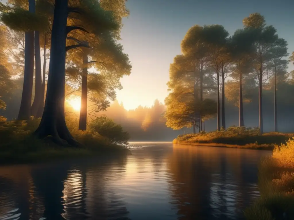 Beneficios de acampada ancestral en la naturaleza: bosque sereno al atardecer, árboles majestuosos, río cristalino, ambiente tranquilo y misterioso