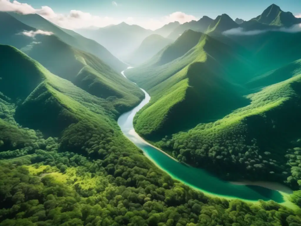 Vista aérea de un bosque verde rodeado de montañas, con río y beneficios cognitivos del senderismo y camping