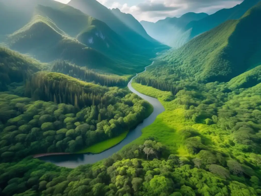 Vista aérea impresionante de una selva exuberante rodeada de montañas, resaltando la importancia de dejar sin rastro en el senderismo