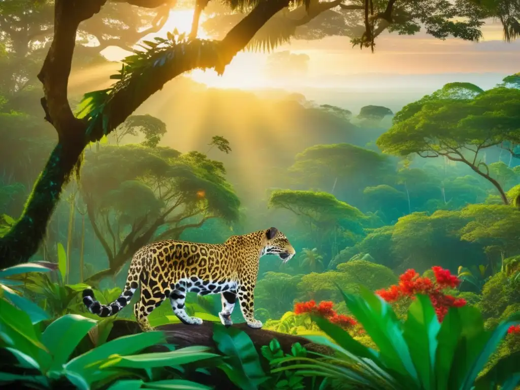 Turismo y fauna: impacto y hábitat en una imagen de la selva tropical al amanecer, con un jaguar en primer plano