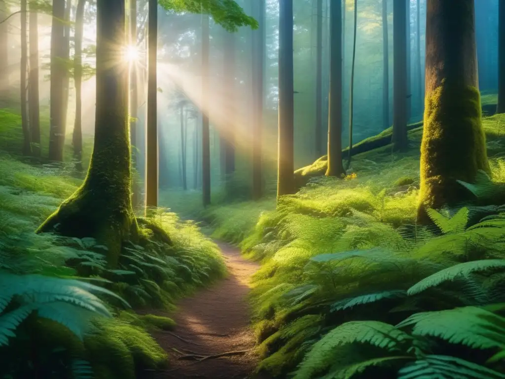 Un bosque denso al anochecer, iluminado por una luz etérea